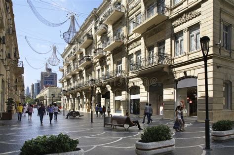 Nizami Street with Bright Night Illumination. Shopping Center of Baku ...