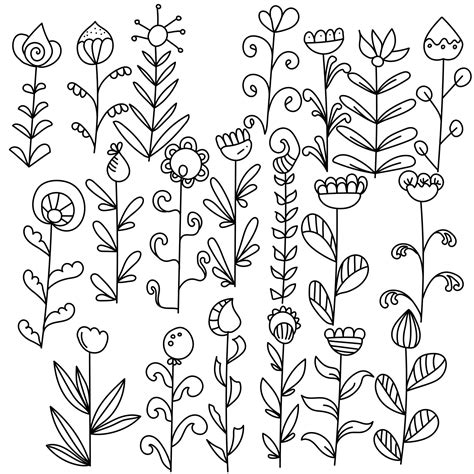 Set of cute doodle flowers with different petals and leaves, outline ...