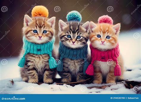 Whimsical Winter Scene, Cute Cats Adorned in Stylish Clothes Playfully Explore a Snowy Landscape ...