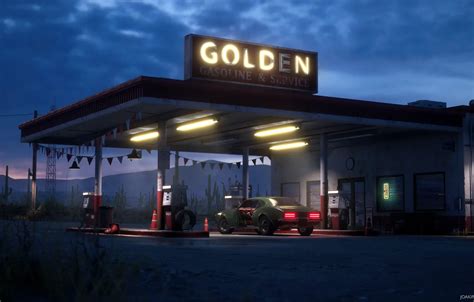 Wallpaper night, station, lighting, Desert Gas Station, Golden Gasoline images for desktop ...