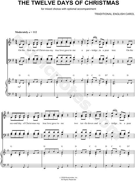 Traditional English "The Twelve Days of Christmas" SATB Choir + Piano Choral Sheet Music in G ...