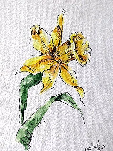 Original artwork of a single daffodil flower rendered in pen, ink and watercolor... - Mana ...