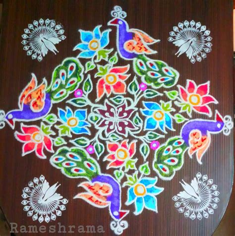 25 dots colourful Peacock kolam || Contest colour kolam – Kolams of India