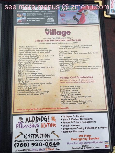 Menu at The Village Cafe, Bishop