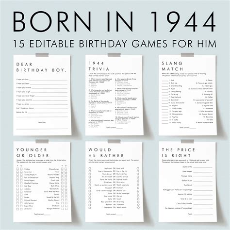 Mens Birthday Games for Him Born in 1944 Birthday Party Games Bundle Printable Adult Birthday ...