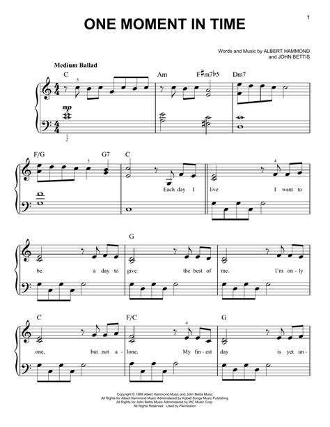 One Moment In Time Sheet Music | Whitney Houston | Easy Piano