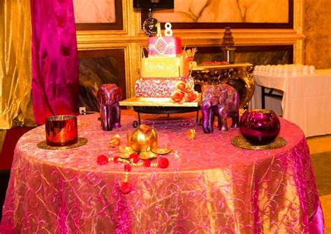 the table is covered with pink and gold decorations