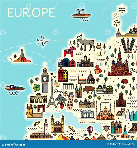 Europe Map With Famous Sightseeing. Travel Guide. Vector Royalty-Free ...