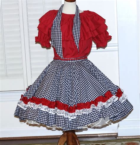 3 Pc Square Dance Outfit Blue Check Skirt Red Ruffle Blouse Matching Man's Tie Square Dance ...