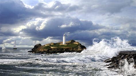 Download Boat Island Cloud Storm Wave Ocean Man Made Lighthouse HD Wallpaper