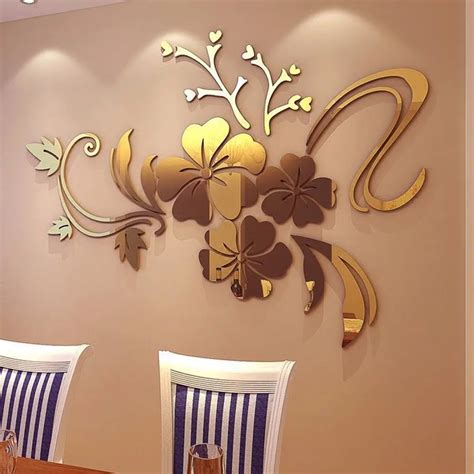 New Wall Stickers Gold Silver Acrylic 3D Mirror Flower Home Decor Vinyl Stickers For Children ...