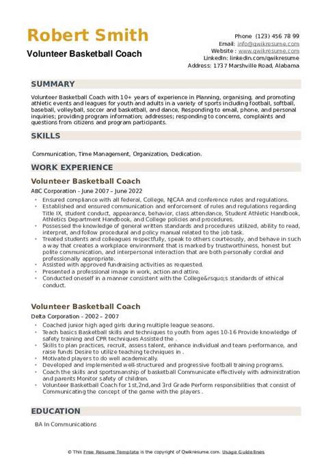 Volunteer Basketball Coach Resume Samples | QwikResume