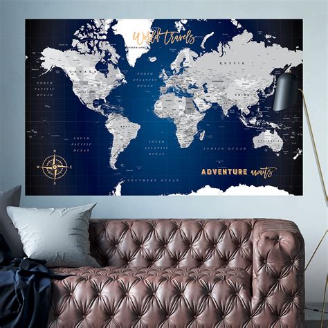 Navy Canvas World Push Pin Map (40"W x 30"H) - Modern Maps - Touch of Modern