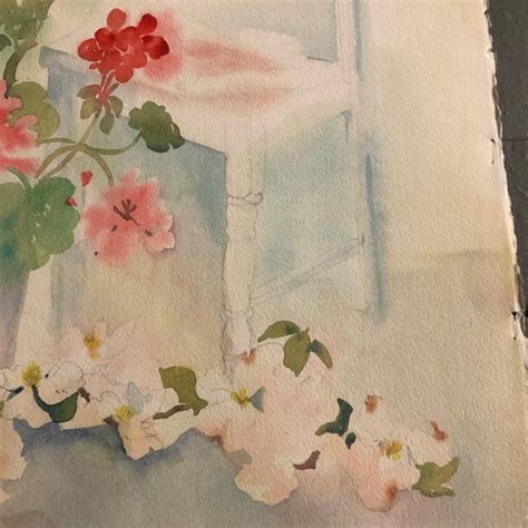 Original Vintage Watercolor Still Life Painting With Geraniums | Chairish