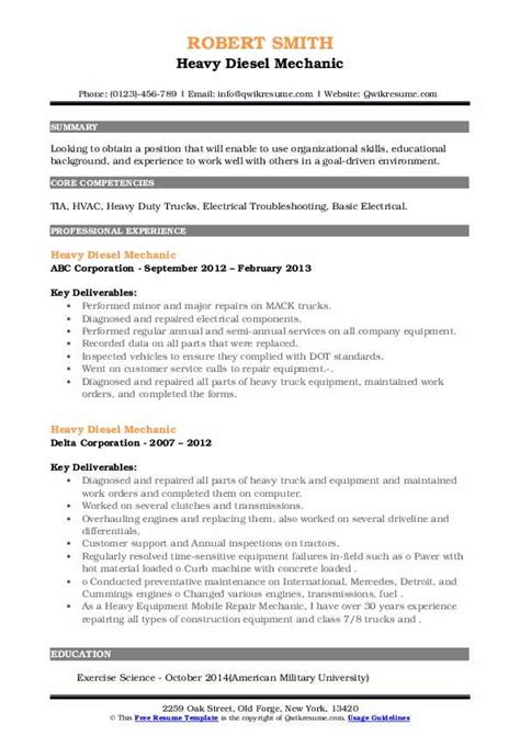 Heavy Diesel Mechanic Resume Samples | QwikResume