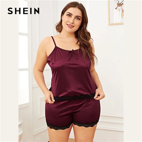 SHEIN Plus Size Women Summer Pajama Set Lace Trim Burgundy Cami Top With Shorts Sleepwear ...