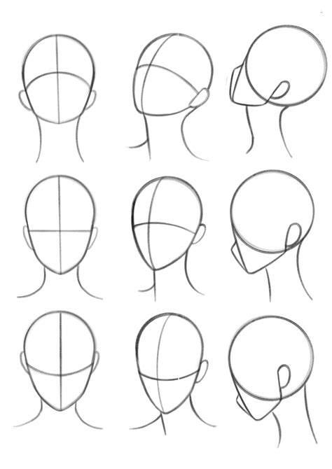 the steps to draw a human head in one point, with different angles and shapes