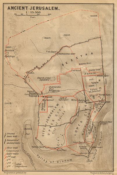 Ancient Jerusalem antique town city plan. Israel 1912 old map chart
