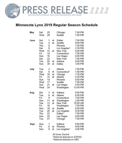 Minnesota Lynx Schedule 2024 Calendar Printable - Jessi Annabal