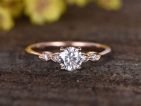 0.5 Carat Round Moissanite Engagement Ring Diamond 14k Rose Gold Three ...