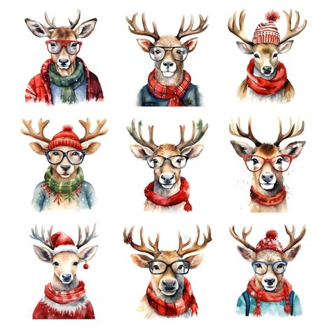 Premium PSD | Christmas reindeer watercolor clipart set