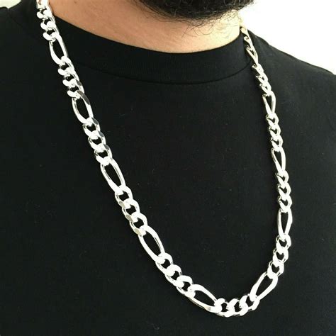 Mens Figaro Link Chain Necklace 11mm 133 grams 28 inch 925 Sterling Si – J F M