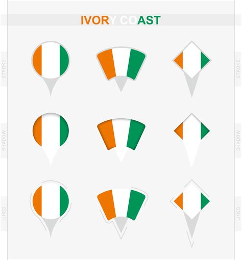 Ivory Coast flag, set of location pin icons of Ivory Coast flag ...