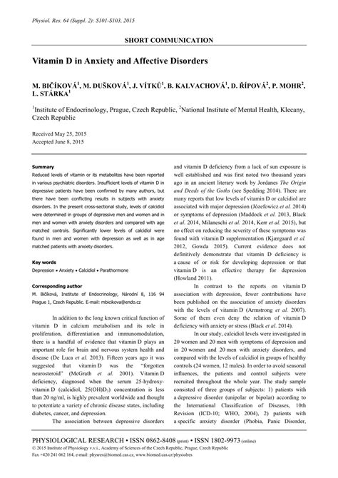 (PDF) Vitamin D in Anxiety and Affective Disorders