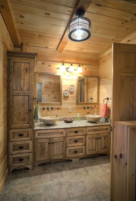 Log home bathroom with double vanity | Log home bathroom, Rustic bathroom vanities, Log home ...