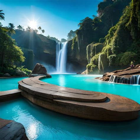 Premium AI Image | A waterfall in the jungle with a large wooden structure in the foreground.