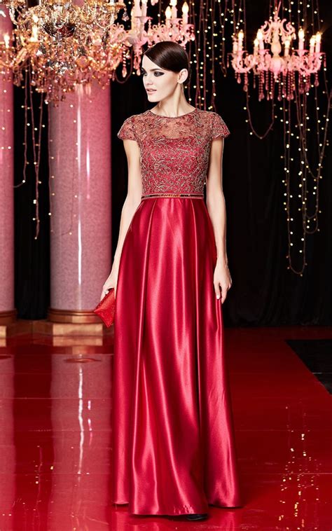 Stunning Sheath Cap Sleeve Long Red Silk Satin Lace Evening Dress With Belt