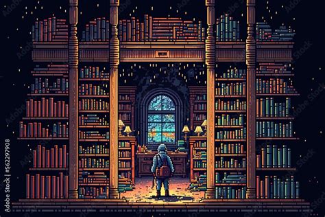 Pixel art old library, book library, background in retro style for bit ...