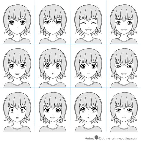 Anime facial expressions chart with 12 expressions | Face drawing ...