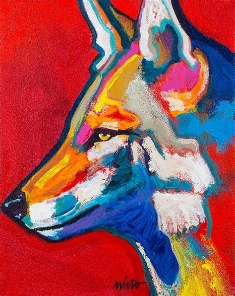 an acrylic painting of a wolf on a red background, with the colors of ...