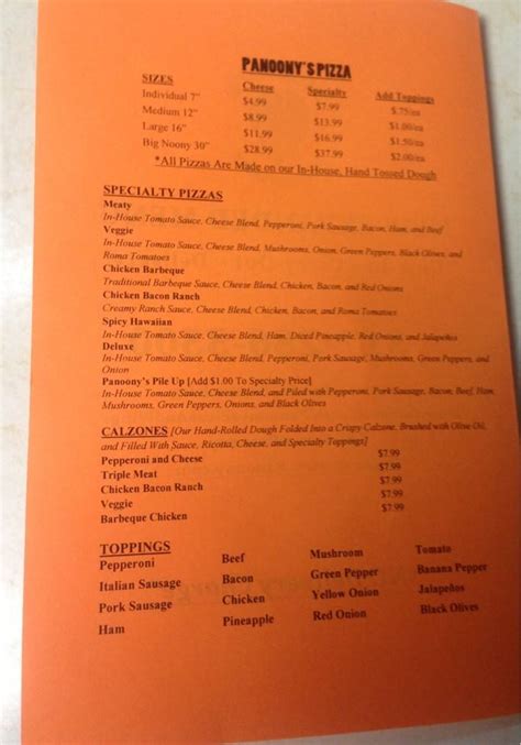 Menu at Panoony's Pizza pizzeria, Brownsburg