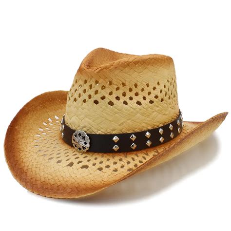 Western Cowboy Hat Handmade Weave Straw Women Men Beach Sun Sombrero Cowgirl Hat Size 58CM-in ...