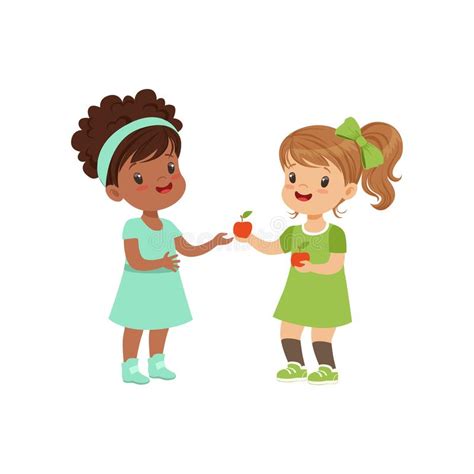 Sweet girl giving an apple to another girl, kids sharing fruit vector Illustration… | Personajes ...