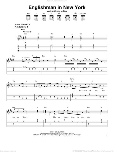 Sting - Englishman In New York sheet music for guitar solo (easy tablature)