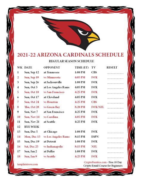 Printable 2021-2022 Arizona Cardinals Schedule