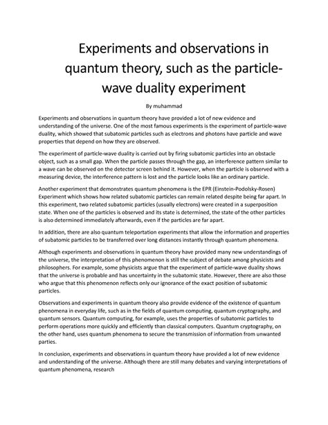 Experiments and observations in quantum theory - One of the most famous experiments is the - Studocu