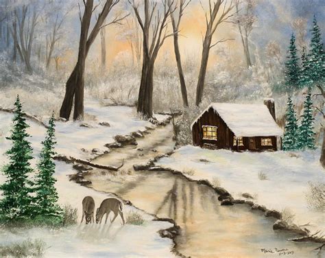 Cabin Painting, Winter Landscape, Original Oil Painting on Canvas 16in x 20in | Winter landscape ...