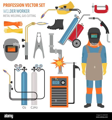 Profession and occupation set. Metal welding equipment, gas cutting ...