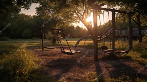 Premium Photo | A swing set in a park with the sun shining through the ...