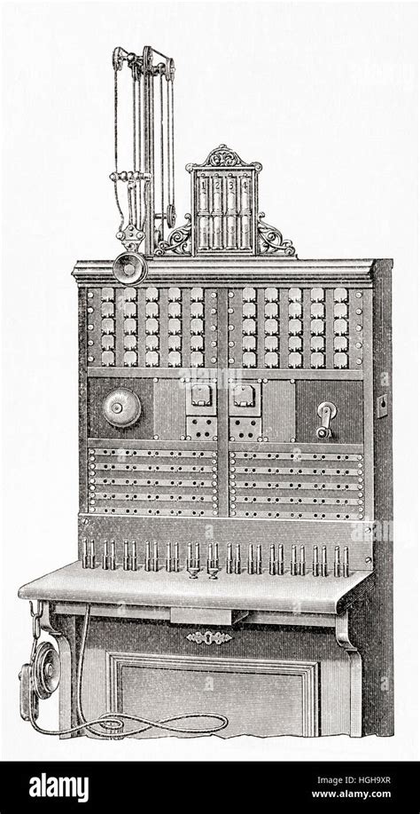 An early 20th century telephone switchboard containing 50 double lines ...