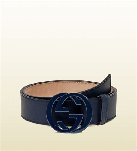 Gucci Leather Belt With Interlocking G Buckle in Blue for Men | Lyst