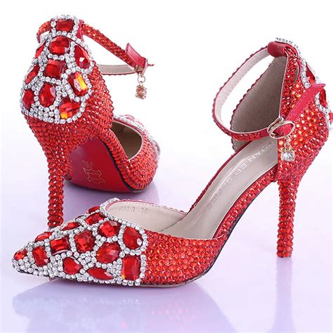 Gorgeous Pointed Toe Bridal High Heel Shoes Red Rhinestone Crystal Wedding Shoes with Ankle ...