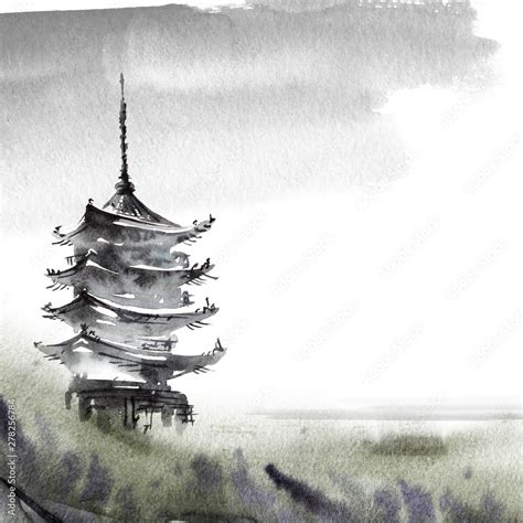 Watercolor painted chinese landscape Stock Illustration | Adobe Stock