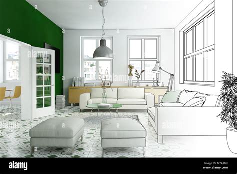 Interior Design Living Room Drawing Gradation Into Photograph Stock Photo - Alamy