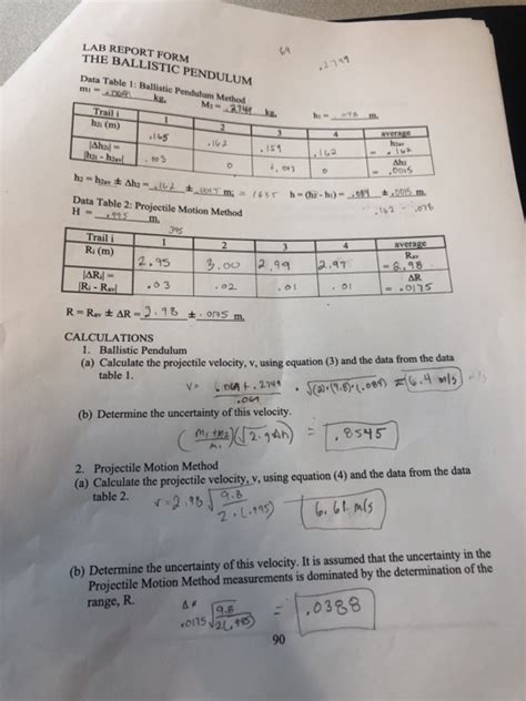 Solved LAB REPORT FORM THE BALLISTIC PENDULUM (a Data Table | Chegg.com