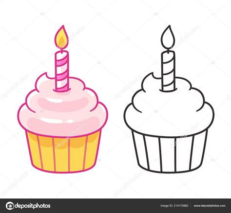 Cartoon Cupcake Drawing Birthday Candle Line Art Color Isolated Vector Stock Vector Image by ...